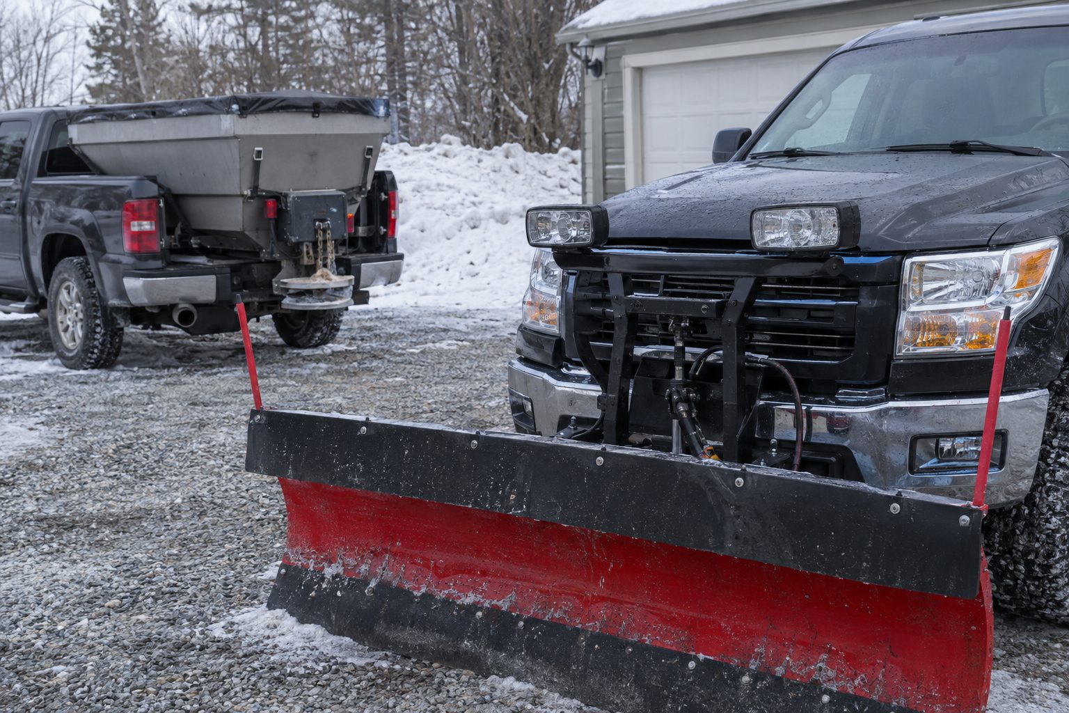 Pickup truck with a snowplow and a salt spreader in winter
