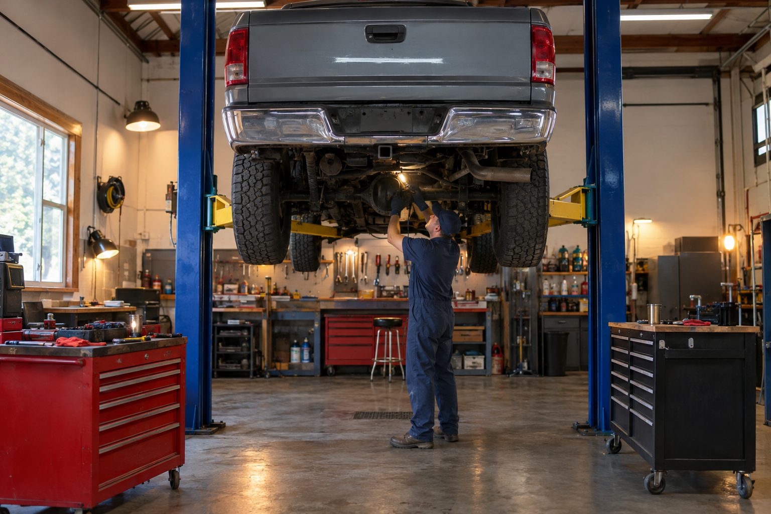 Pickup truck on a lift in the service garage
